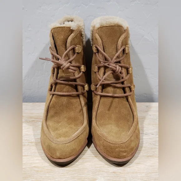 NWOB! UGG "ANALISE" Women's Suede Sheepskin High Heel Ankle Boots (8) Chestnut - Picture 5 of 10